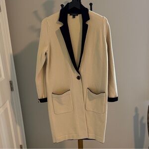 Ann Taylor Cream Contrast-Trim Long Blazer Coat